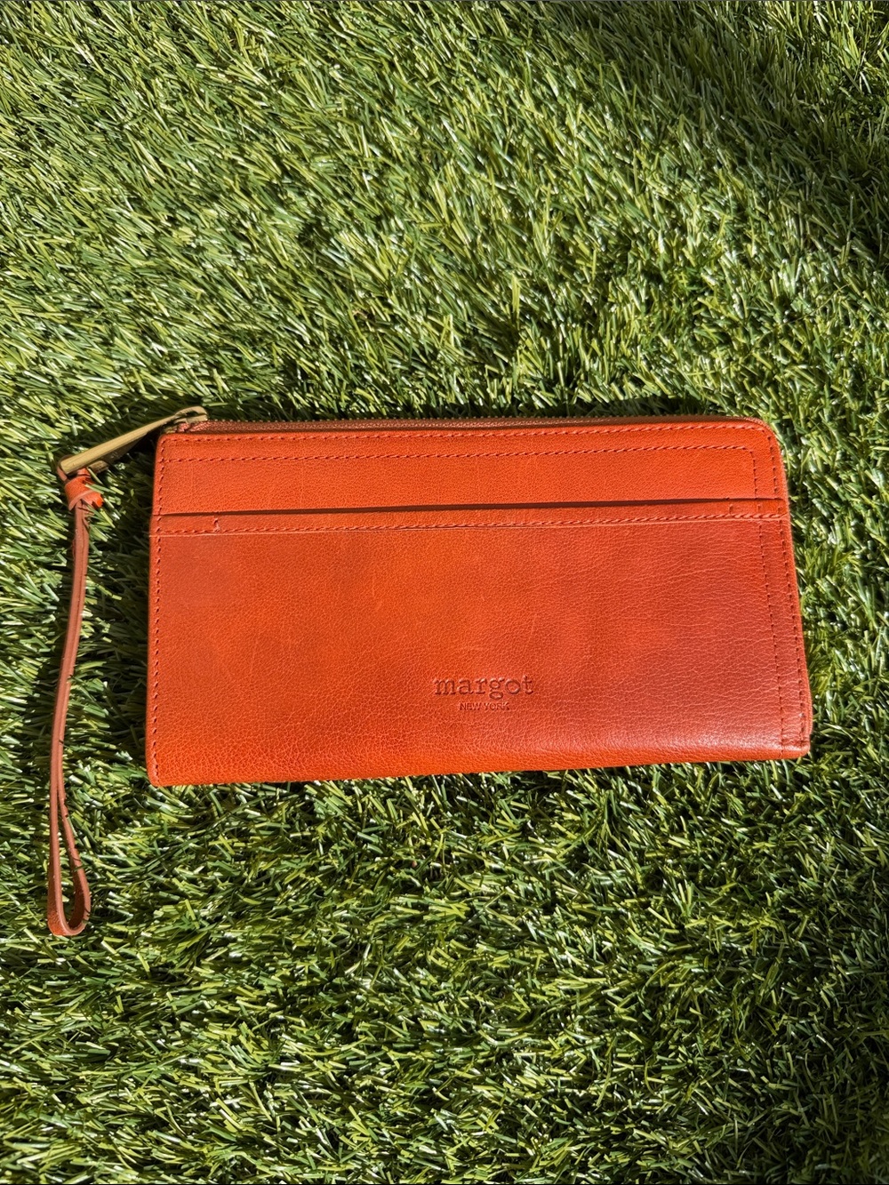 Margot New York Genuine Leather Wristlet Wallet Cognac Brown Zip Around Clutch